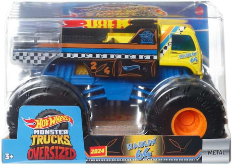 Hot Wheels Big Monster Truck Haulin 64 die-cast toy with oversized wheels and vibrant blue and yellow colors