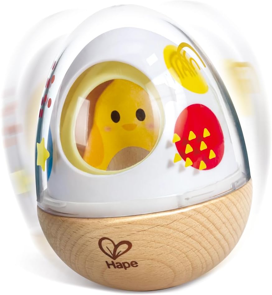 Colorful wooden wobble toy with a hidden yellow chick inside a clear top, designed for toddler play and stacking fun