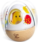Colorful wooden wobble toy with a hidden yellow chick inside a clear top, designed for toddler play and stacking fun