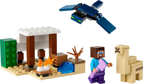LEGO Minecraft Steve with desert hut, campfire, crafting table, baby camel, and flying Phantom figure playset.