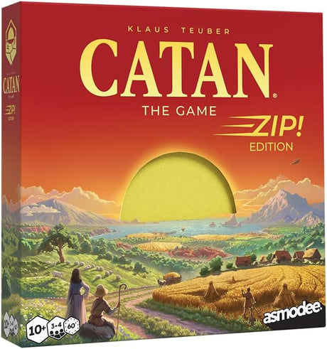 Catan Zip! board game box featuring a colorful island landscape and sunset artwork