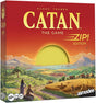 Catan Zip! board game box featuring a colorful island landscape and sunset artwork