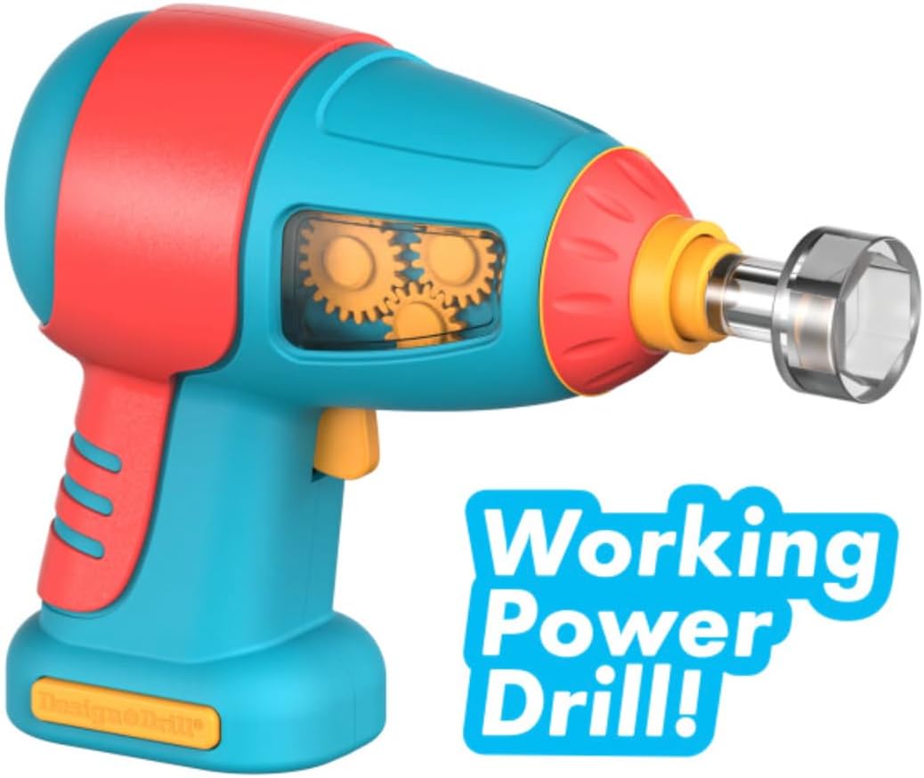 Colorful kid-friendly motorized drill toy with visible gears for assembling the fire truck rescue vehicle set