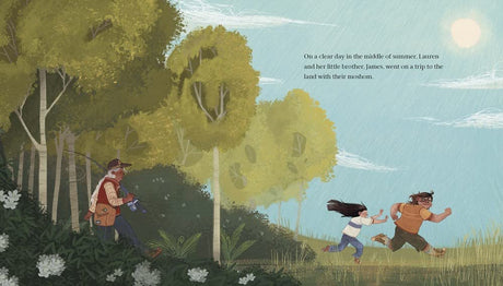 Illustration from The Song That Called Them Home showing children running through a forest with their grandfather nearby.