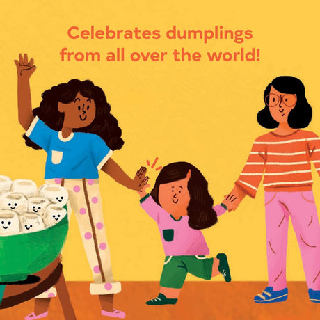 Illustration from Little Dumplings board book showing diverse family celebrating dumplings from around the world.