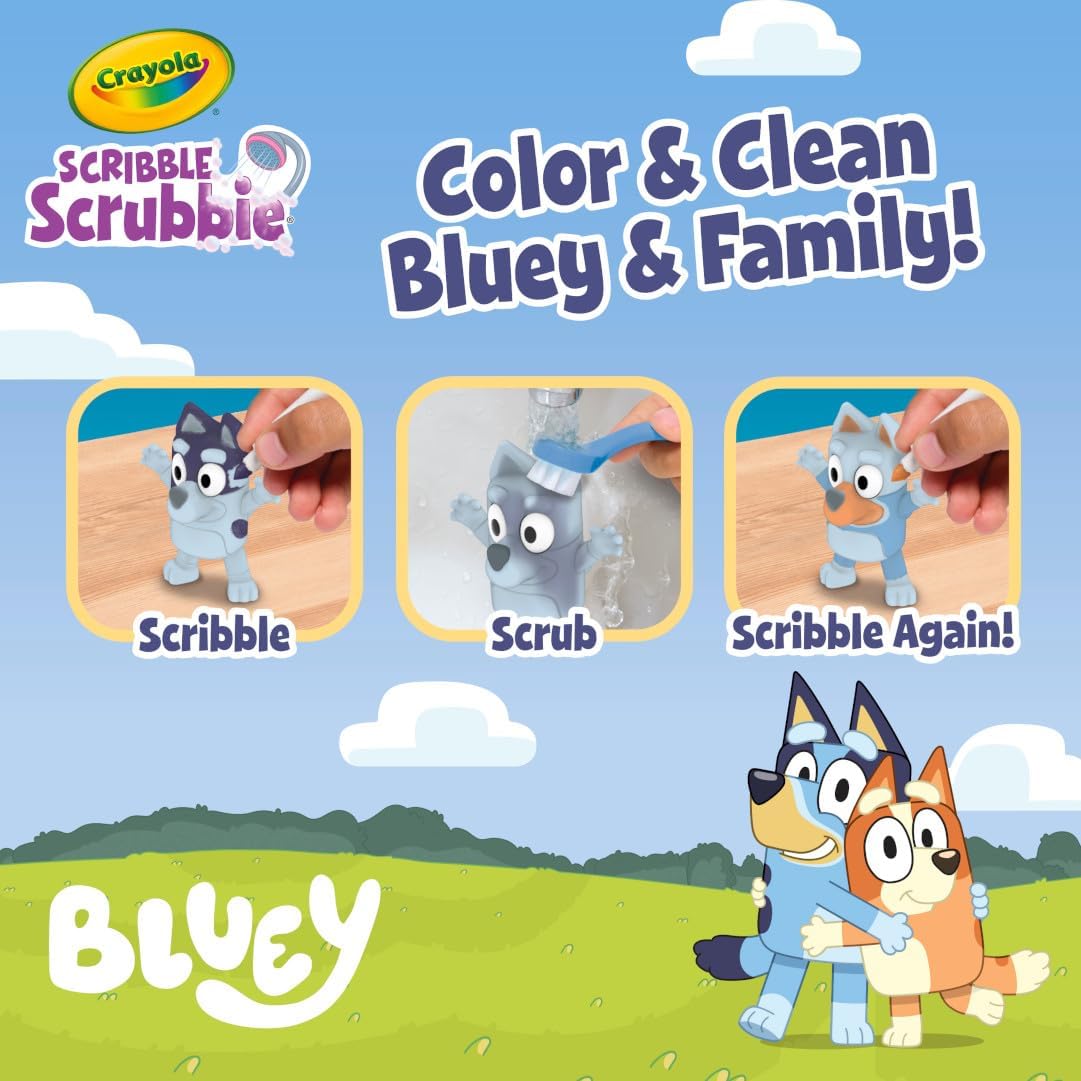 Crayola Scribble Scrubbie Bluey characters that can be colored, scrubbed clean, and colored again for endless fun