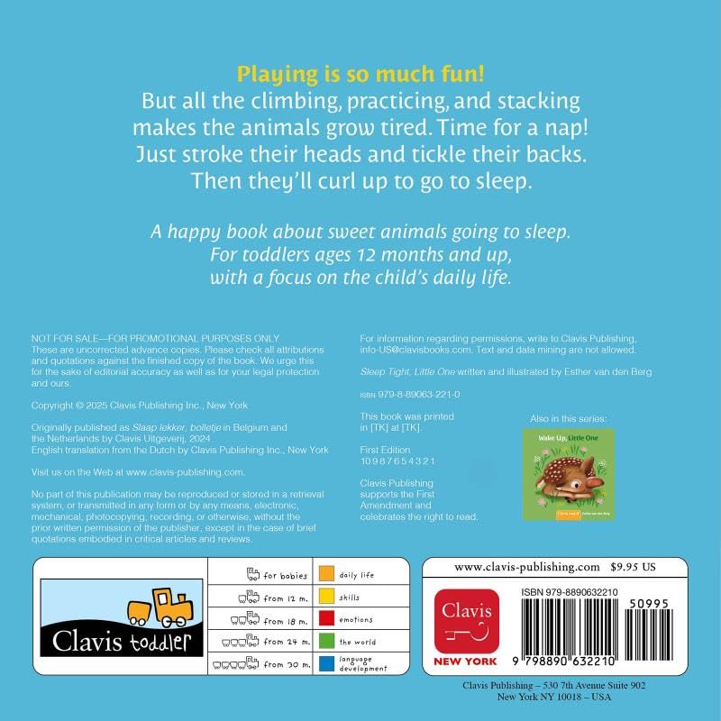 Back cover of a toddler book about animals napping after play, with playful text and publishing details.