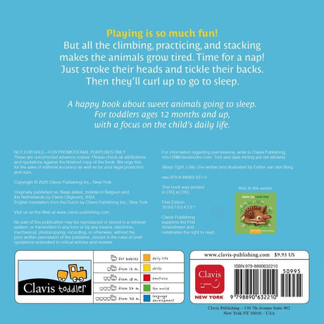 Back cover of a toddler book about animals napping after play, with playful text and publishing details.