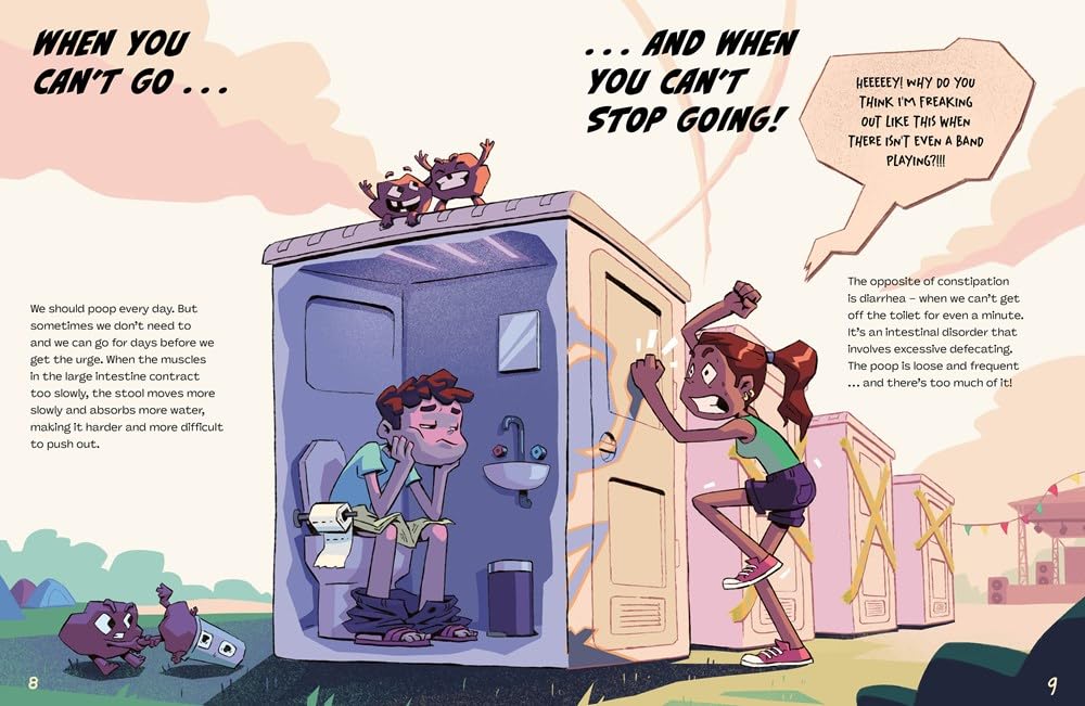 Cartoon scene showing two characters struggling with constipation near a public restroom in a park setting