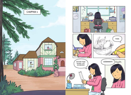 Illustration from How to Draw a Secret showing Cindy drawing a perfect art piece in her room while planning secretly.