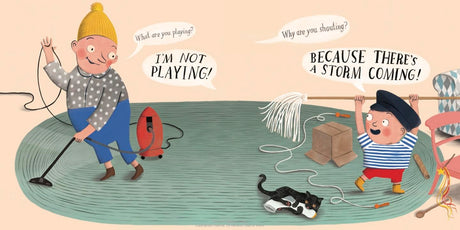 Illustration from Ahoy! showing child captain and parent first mate imagining a storm with household items as ocean gear.