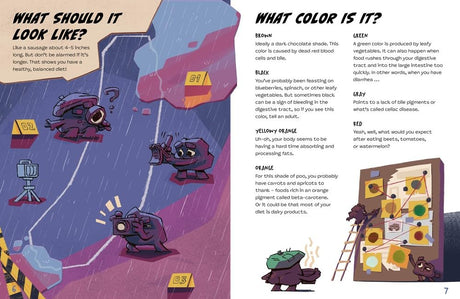 Two cartoonish purple figures examining a large purple rock with numbered tags and a color chart featuring shades like brown, green, and gray.