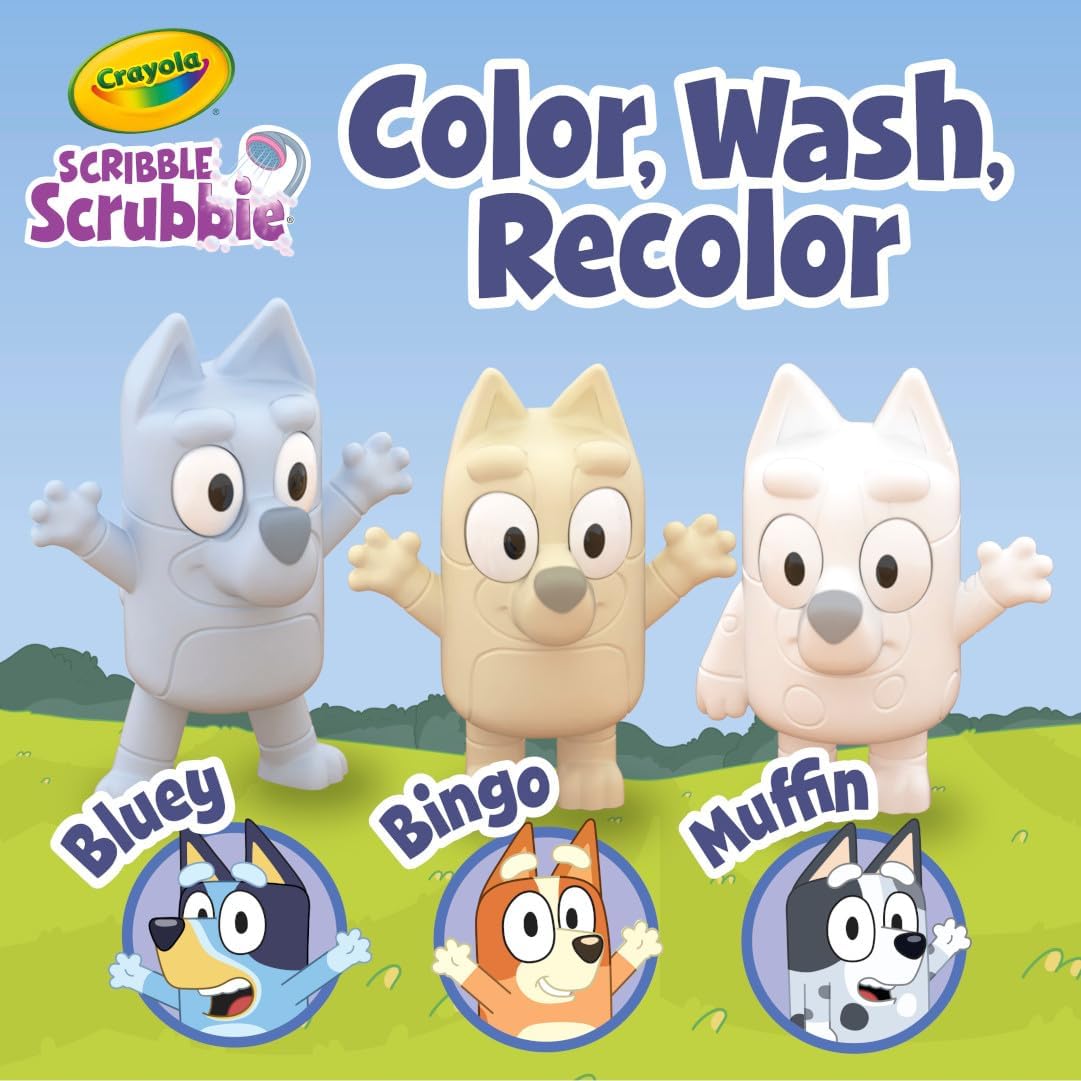 Three Crayola Scribble Scrubbie Bluey characters Bluey Bingo and Muffin ready for coloring and washing play