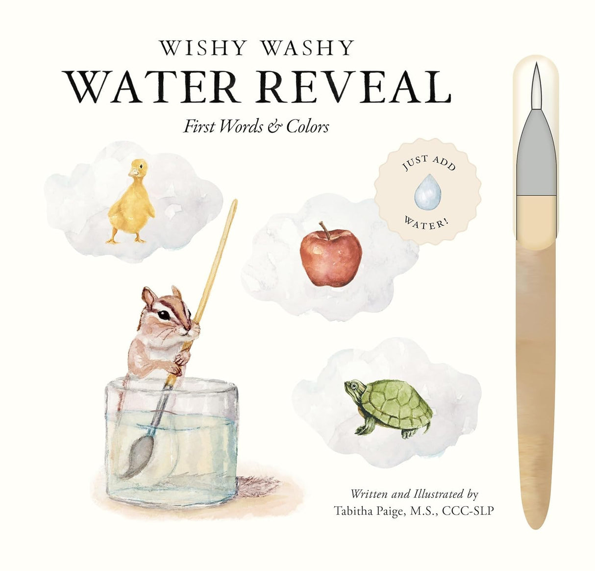 Illustration of a chipmunk with a brush, a duck, an apple, and a turtle revealing colors with water on a children’s learning card.