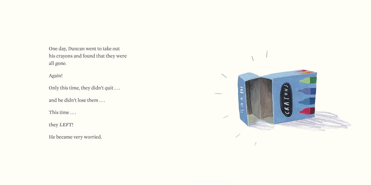 The Day the Crayons Made Friends shows an empty blue crayon box with crayons gone, illustrating the story's start.