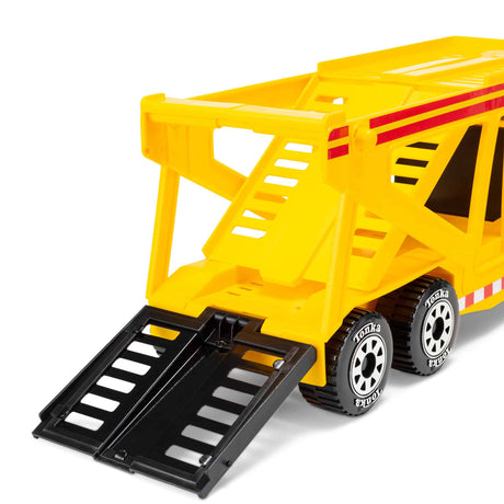 Tonka Car Carrier with fold-down tailgate in yellow and black, ready for loading toy vehicles.