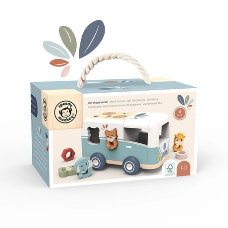Wooden van shape sorter toy with colorful animal blocks designed for toddlers to enhance learning and play.