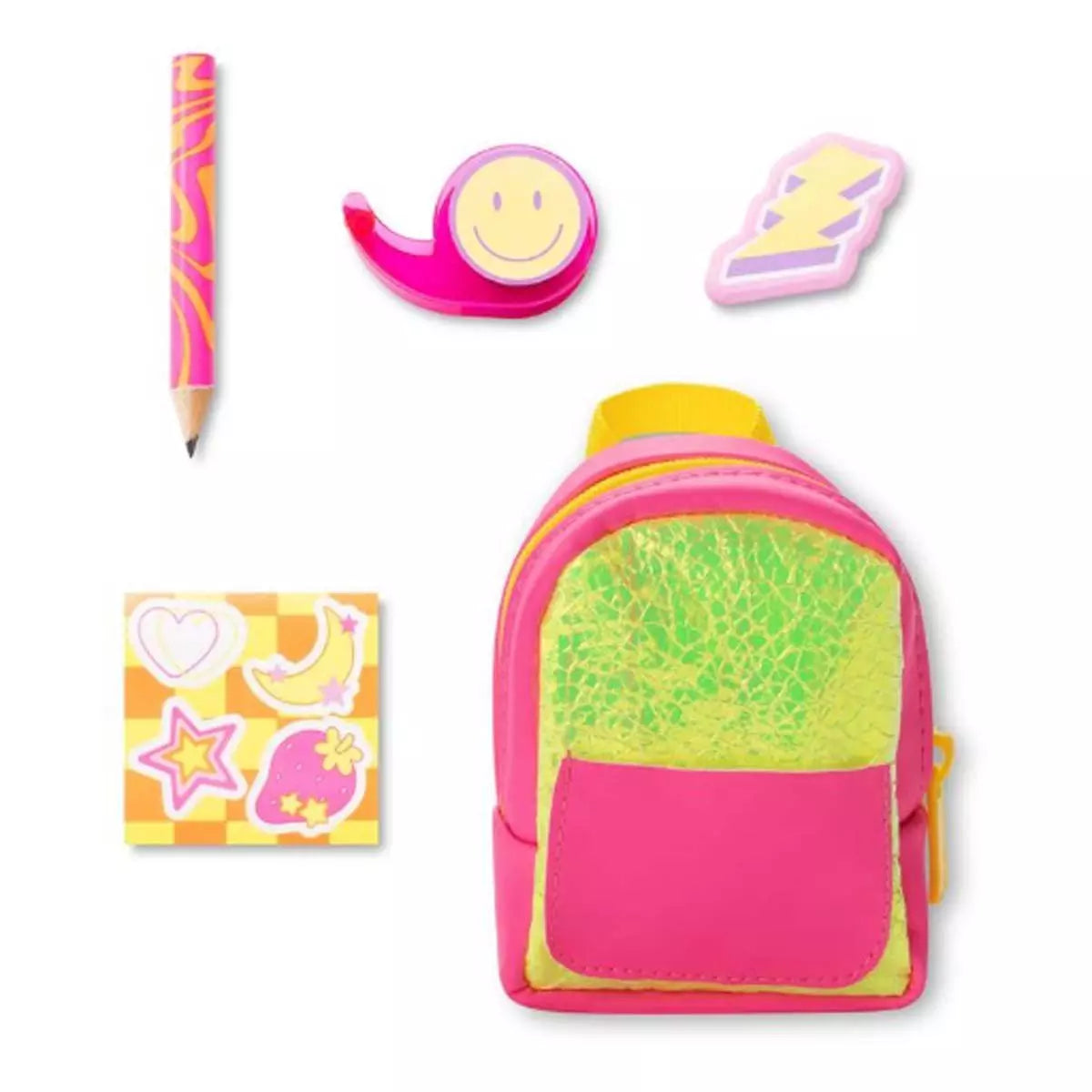 Mini neon backpack with vibrant pink and yellow colors and included fun school supplies like pencil, stickers, and erasers.