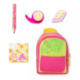 Mini neon backpack with vibrant pink and yellow colors and included fun school supplies like pencil, stickers, and erasers.