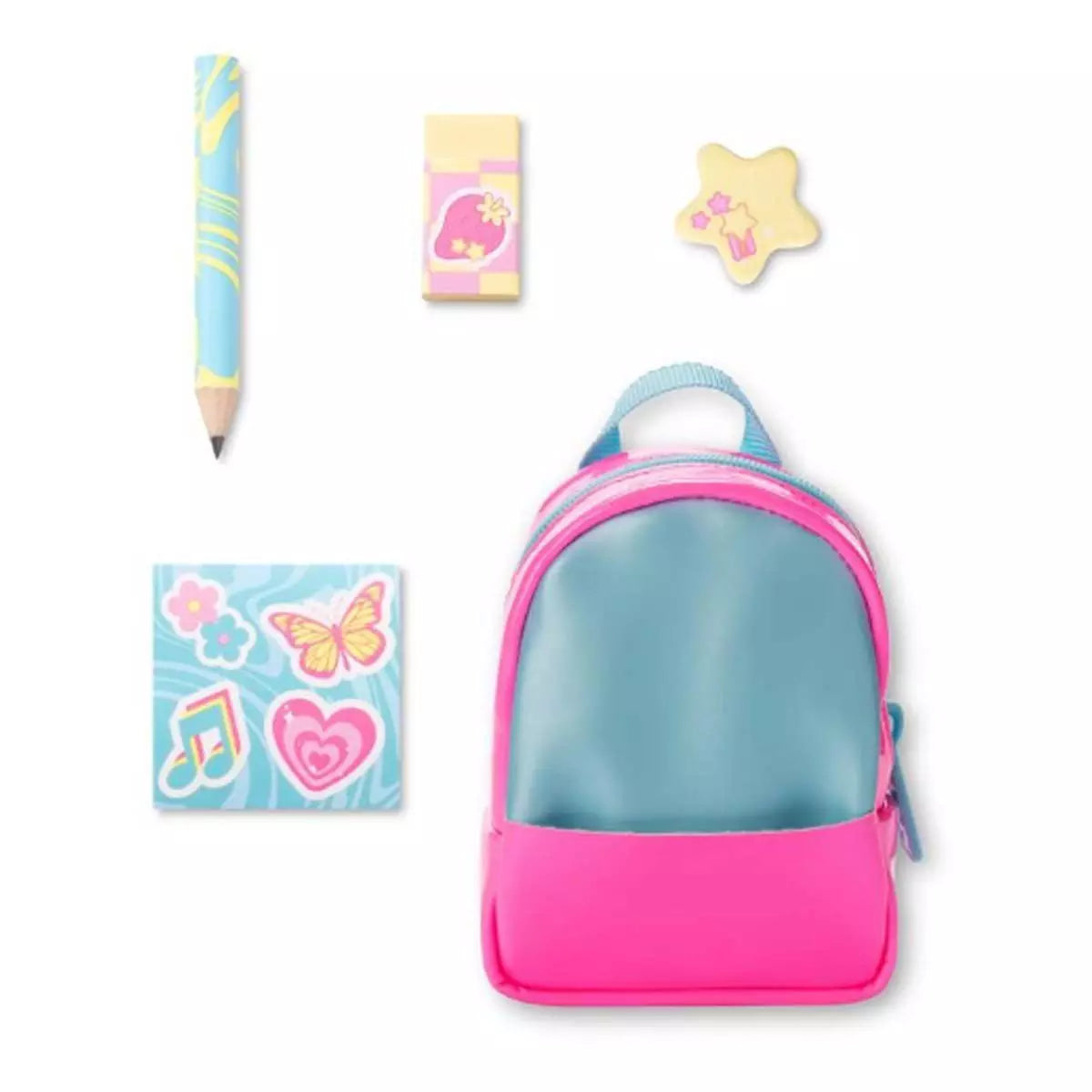 Small neon pink and blue backpack with pencil, eraser, sticker sheet, and star-shaped item on white background