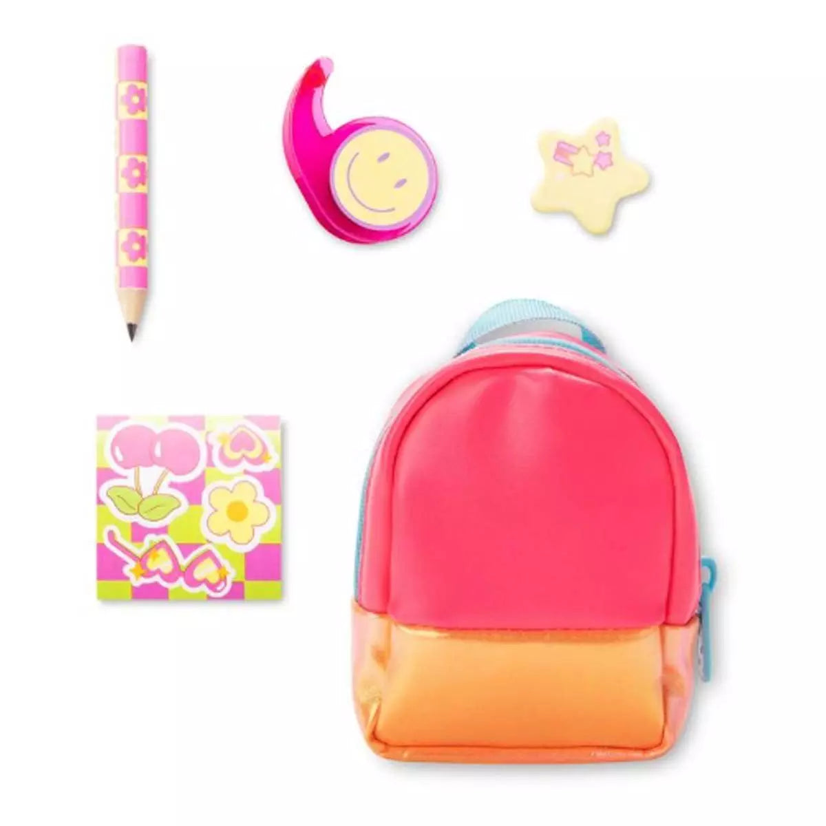 Mini neon backpack with colorful pencil, sticky notes, tape dispenser, and star-shaped eraser set on white background