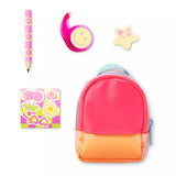 Mini neon backpack with colorful pencil, sticky notes, tape dispenser, and star-shaped eraser set on white background
