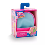 Small blue and pink mini backpack toy packaged in a colorful box with a handle and product branding details