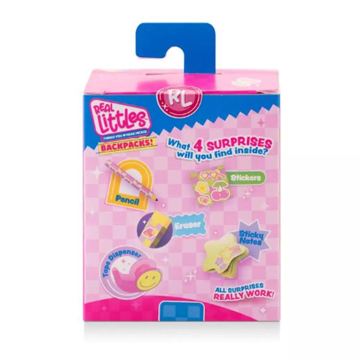 Real Littles Neon Backpack Micro packaging showing four mini school supplies inside on pink checkered background
