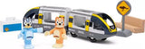 Bluey Train toy with Bluey and Bingo figures and gray passenger cars