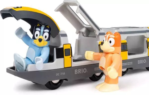 Bluey Train toy with Bluey and Bingo figures in a gray and yellow train car