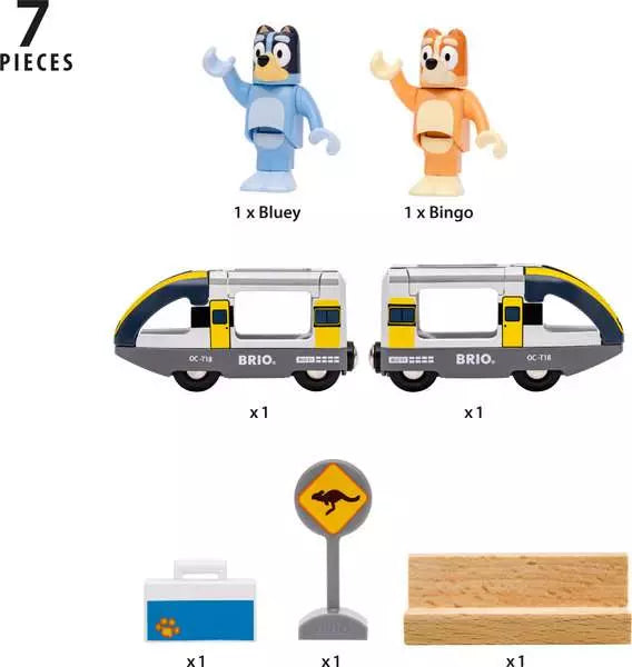 Bluey Train set with Bluey and Bingo figures two train cars a sign ticket and wooden track piece