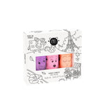 Nail Polish Set Paris with 3 pearly neon colors lilac, pink, and coral in kid-friendly, water-based formula.