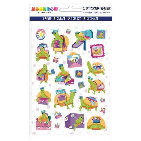 Sheet of glossy stickers featuring cute turtles delivering mail with envelopes and mailboxes in playful designs