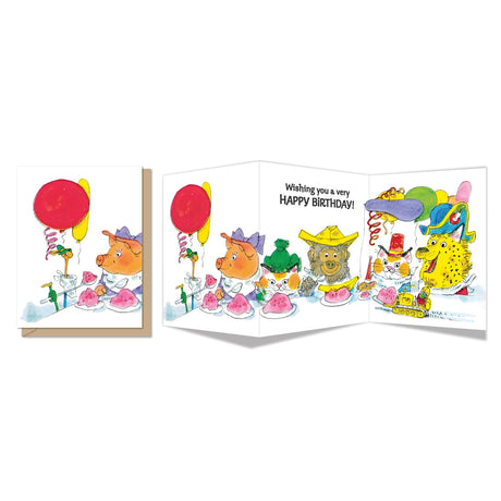 Tri-fold birthday card with cheerful animal characters and colorful balloons celebrating around cake slices.