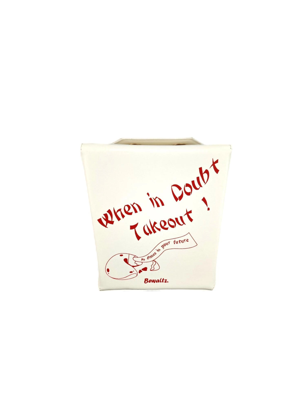 Handbag | Takeout Box featuring a white crossbody bag designed like a vintage Chinese takeout box with red text.