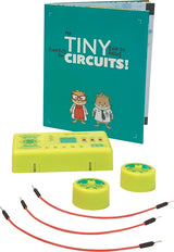 Mini microprocessor kit with manual, two yellow round modules, and three red hookup wires for learning circuits and electronics.