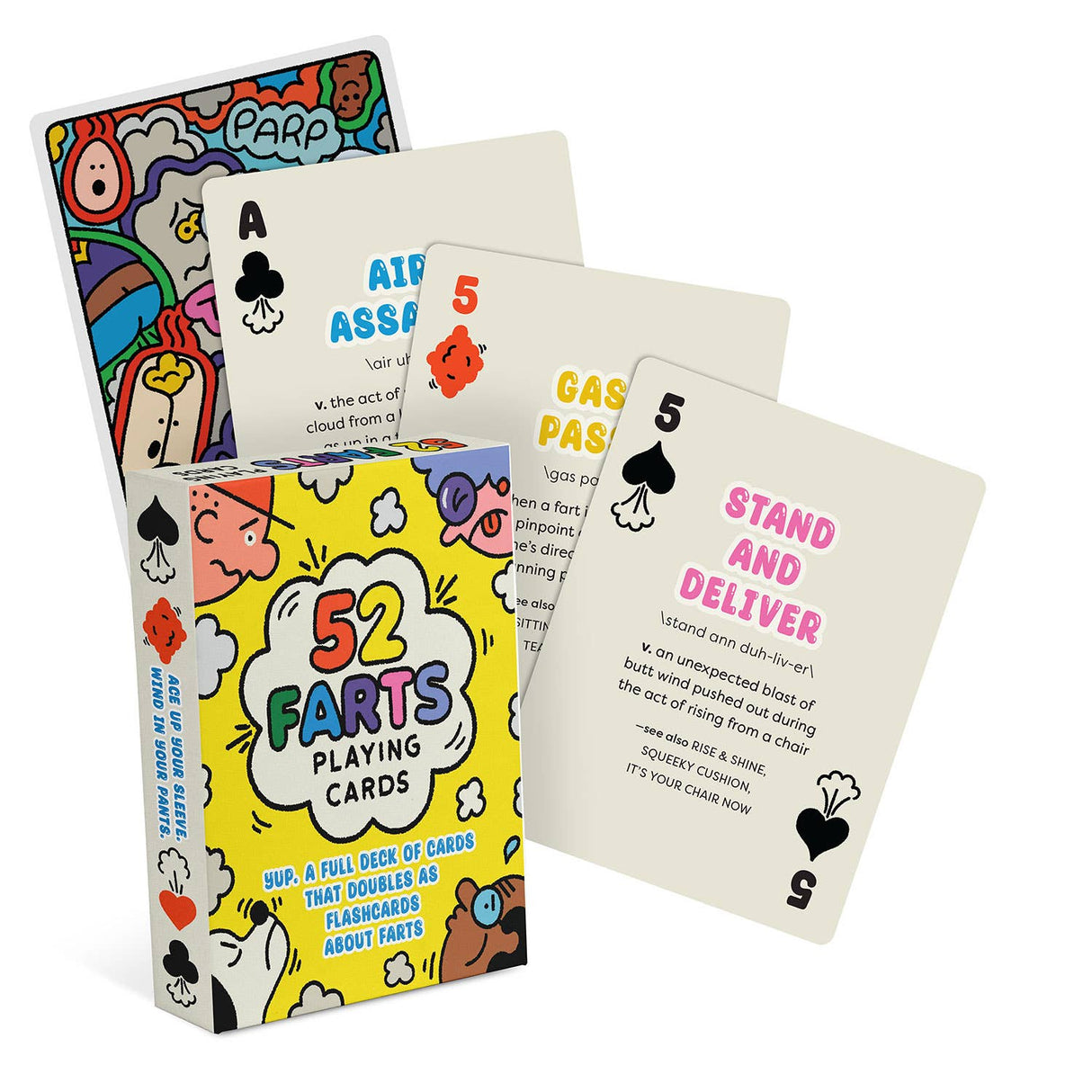 Colorful deck of 52 fart-themed playing cards with funny designs and educational flashcard definitions.