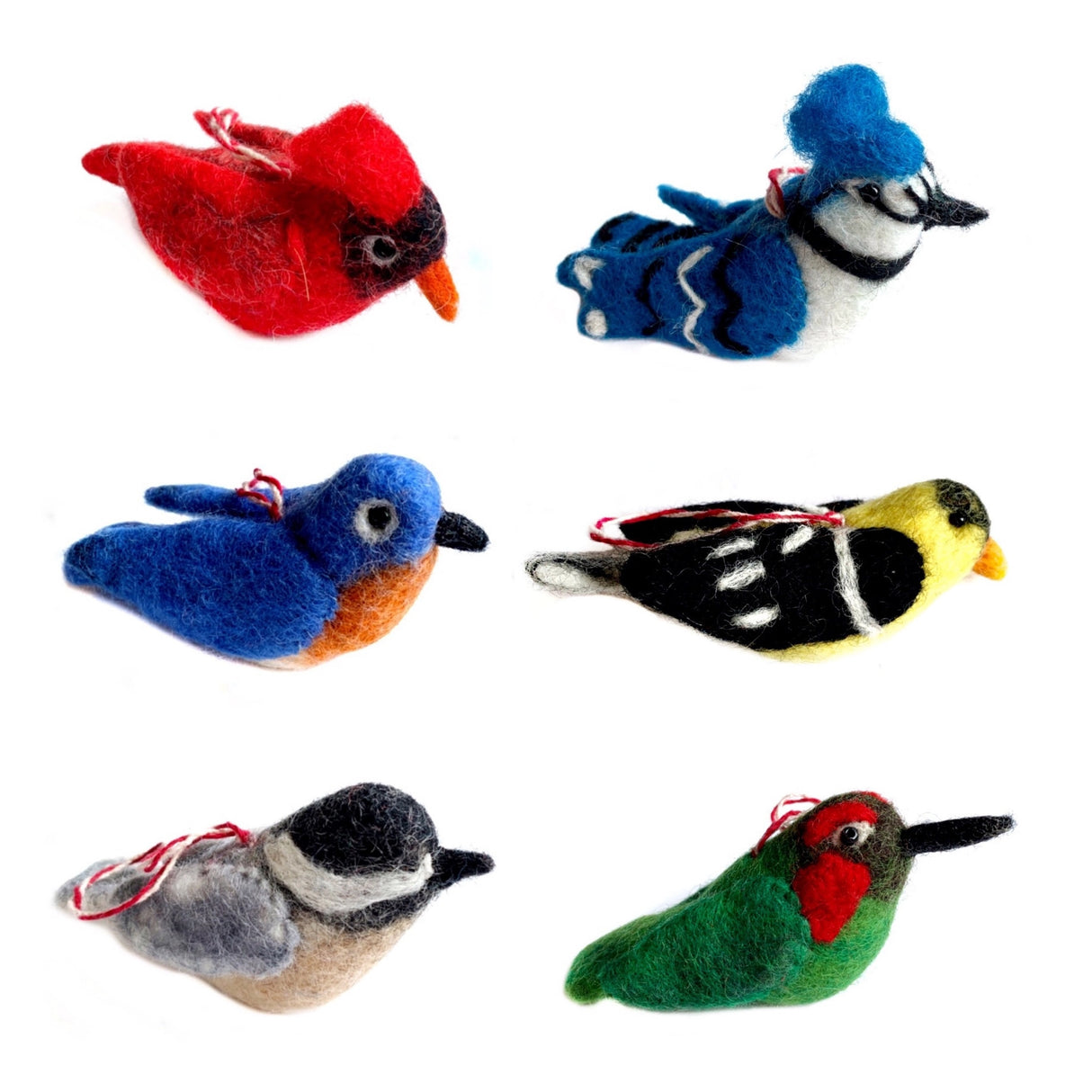 Set of six colorful felt wool bird ornaments handcrafted with vibrant detail and hanging loops for decoration