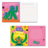 Colorful illustrated pages from the Gentle Reminders Guided Journal featuring friendly monster characters and reflective prompts