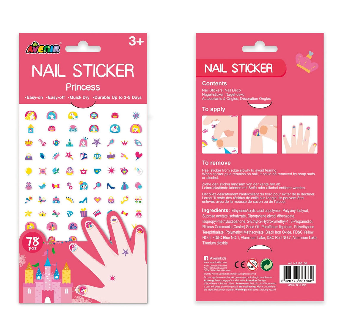 Colorful princess-themed nail stickers for kids featuring crowns, stars, castles, and magic wands on a pink package.