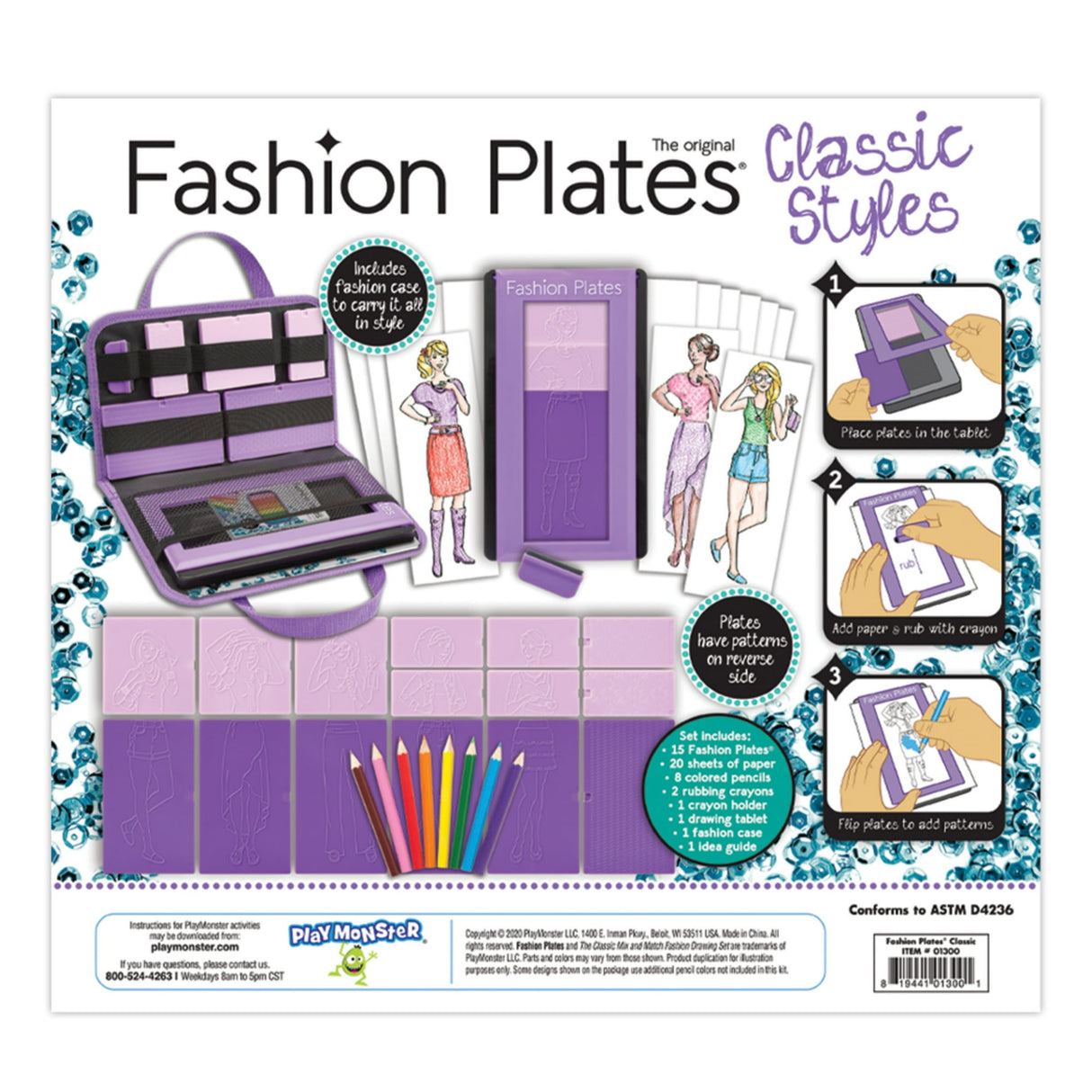 Fashion design kit with purple case, colored pencils, pattern plates, and booklet for creating classic style outfits