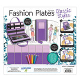 Fashion design kit with purple case, colored pencils, pattern plates, and booklet for creating classic style outfits