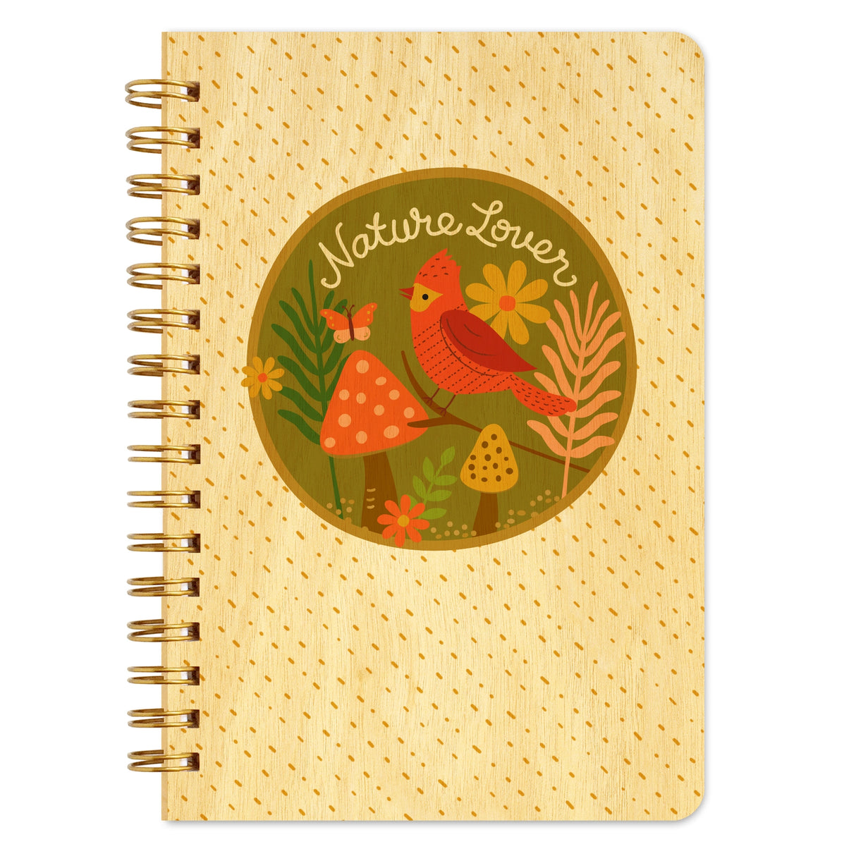 Spiral-bound notebook with beige cover featuring nature-themed illustration of bird, mushrooms, flowers, and text