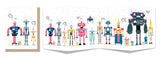Quad fold birthday card featuring colorful vintage-style robots on white background with confetti details and candles.