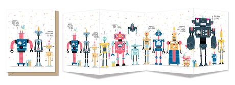Quad fold birthday card featuring colorful vintage-style robots on white background with confetti details and candles.