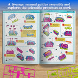 Open instruction manual showing colorful step-by-step assembly diagrams for building a motorized robotic gecko toy