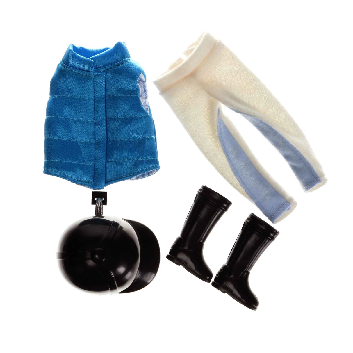 Blue padded riding vest, cream jodhpurs with blue stripes, black riding boots, and black riding hat for doll