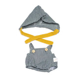 Miniland Sea Set striped hood and romper in navy and white with yellow ties for 8 1/4 inch Miniland dolls.