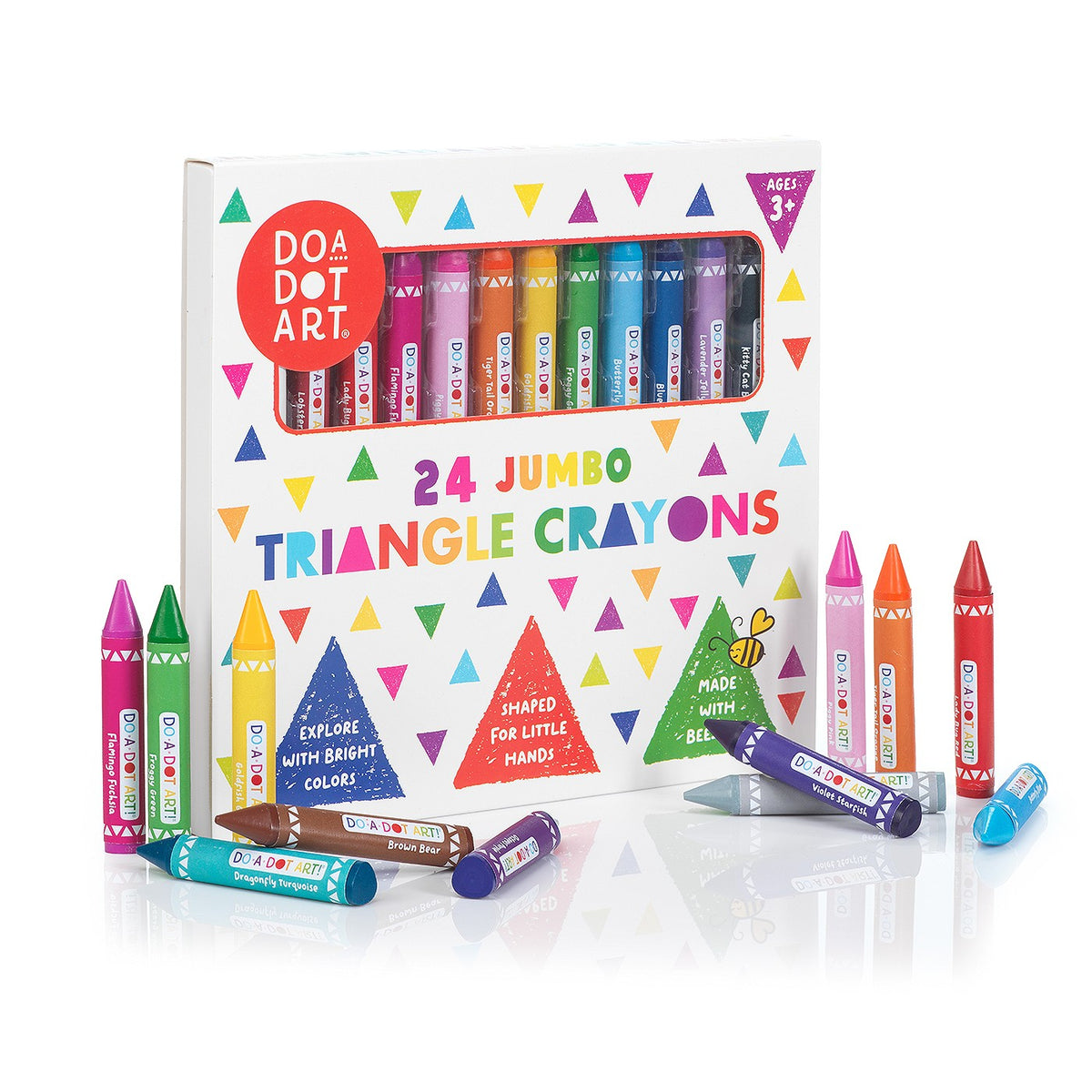 Jumbo Triangle Crayons colorful triangular crayons in a box with loose crayons displayed around it