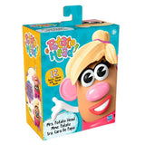 Colorful toy box featuring Mrs. Potato Head with large eyes, pink nose, red lips, blonde hair, and one pink ear